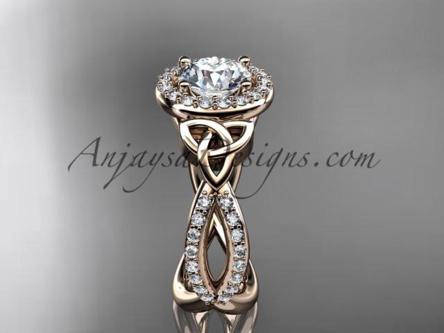 14kt rose gold diamond celtic trinity ring, triquetra ring, Irish engagement ring with a "Forever One" Moissanite center stone CT7374 - AnjaysDesigns