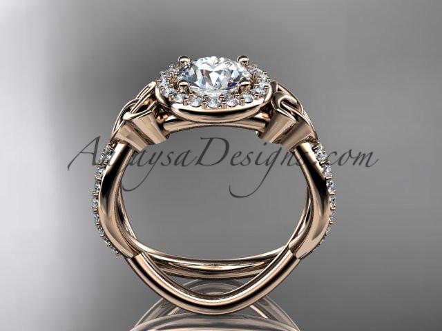 14kt rose gold diamond celtic trinity ring, triquetra ring, Irish engagement ring with a "Forever One" Moissanite center stone CT7374 - AnjaysDesigns