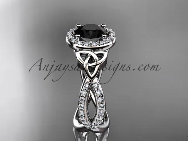 14kt white gold diamond celtic trinity ring, triquetra ring, Irish engagement ring with a Black Diamond center stone CT7374 - AnjaysDesigns