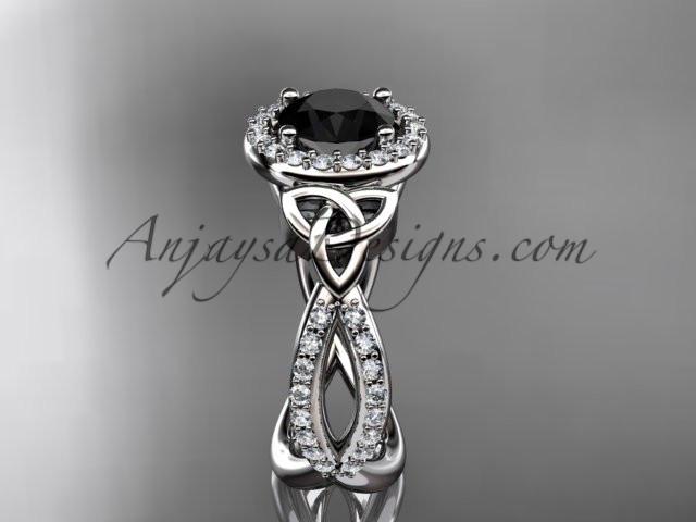 platinum diamond celtic trinity ring, triquetra ring, Irish engagement ring with a Black Diamond center stone CT7374 - AnjaysDesigns