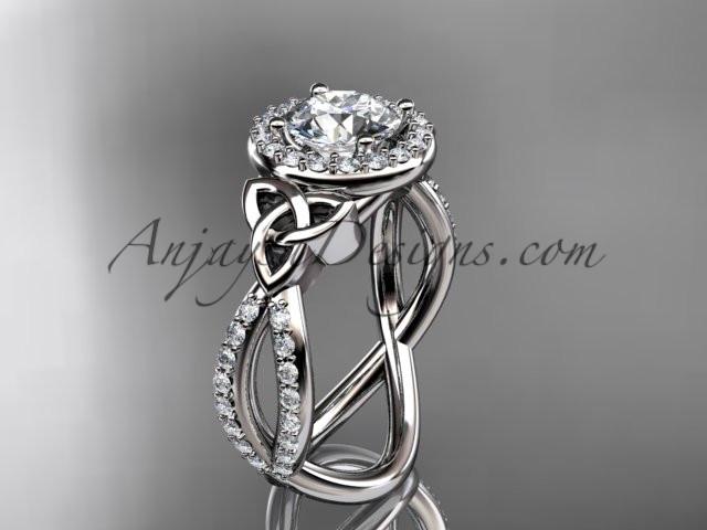 platinum diamond celtic trinity ring, triquetra ring, Irish engagement ring with a "Forever One" Moissanite center stone CT7374 - AnjaysDesigns
