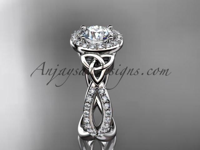 14kt white gold diamond celtic trinity ring, triquetra ring, Irish engagement ring with a "Forever One" Moissanite center stone CT7374 - AnjaysDesigns