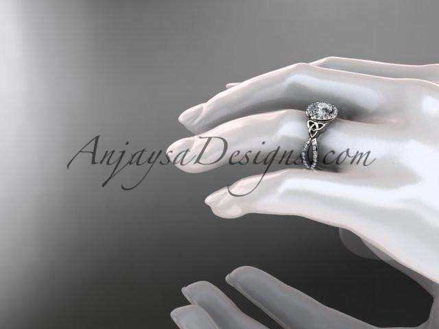 platinum diamond celtic trinity ring, triquetra ring, Irish engagement ring with a "Forever One" Moissanite center stone CT7374 - AnjaysDesigns
