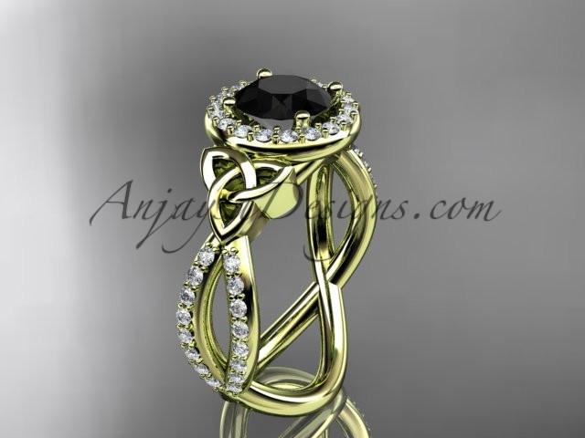 14kt yellow gold diamond celtic trinity ring, triquetra ring, Irish engagement ring with a Black Diamond center stone CT7374 - AnjaysDesigns
