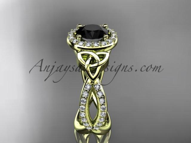 14kt yellow gold diamond celtic trinity ring, triquetra ring, Irish engagement ring with a Black Diamond center stone CT7374 - AnjaysDesigns