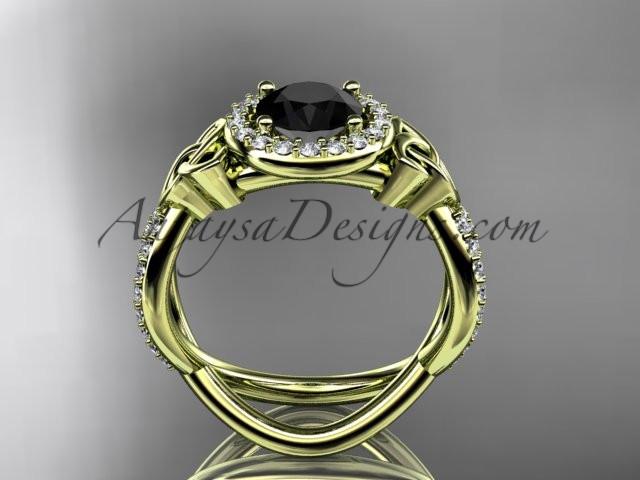 14kt yellow gold diamond celtic trinity ring, triquetra ring, Irish engagement ring with a Black Diamond center stone CT7374 - AnjaysDesigns