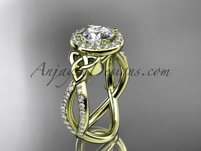 14kt yellow gold diamond celtic trinity ring, triquetra ring, Irish engagement ring with a "Forever One" Moissanite center stone CT7374 - AnjaysDesigns