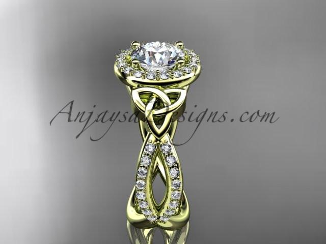 14kt yellow gold diamond celtic trinity ring, triquetra ring, Irish engagement ring with a "Forever One" Moissanite center stone CT7374 - AnjaysDesigns