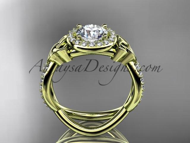 14kt yellow gold diamond celtic trinity ring, triquetra ring, Irish engagement ring with a "Forever One" Moissanite center stone CT7374 - AnjaysDesigns