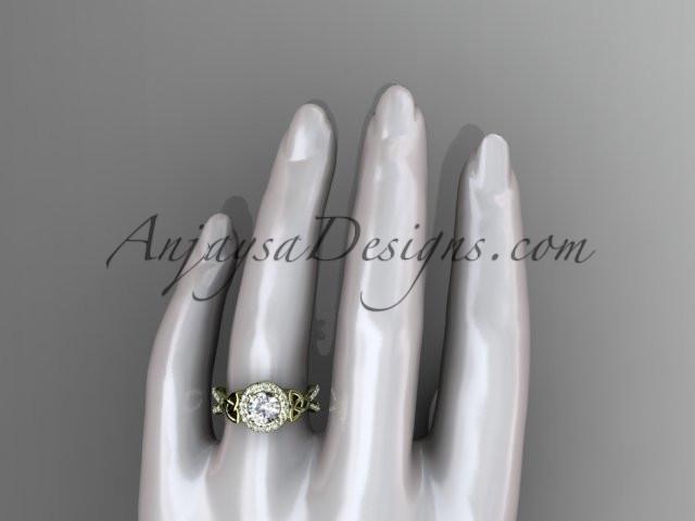 14kt yellow gold diamond celtic trinity ring, triquetra ring, Irish engagement ring with a "Forever One" Moissanite center stone CT7374 - AnjaysDesigns