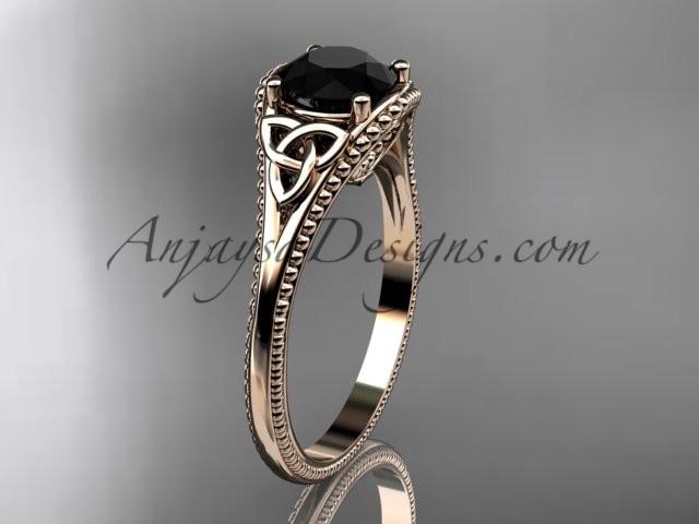 14kt rose gold celtic trinity knot wedding ring, engagement ring with a Black Diamond center stone CT7375 - AnjaysDesigns