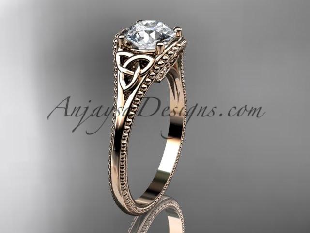 14kt rose gold celtic trinity knot wedding ring, engagement ring with a "Forever One" Moissanite center stone CT7375 - AnjaysDesigns