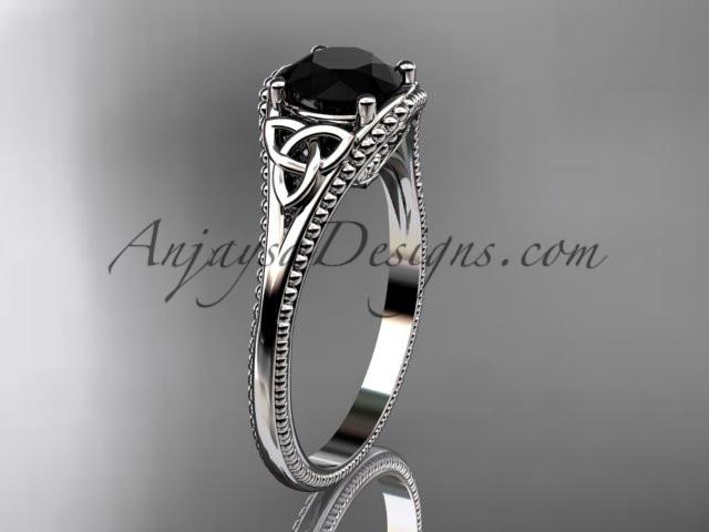14kt white gold celtic trinity knot wedding ring, engagement ring with a Black Diamond center stone CT7375 - AnjaysDesigns