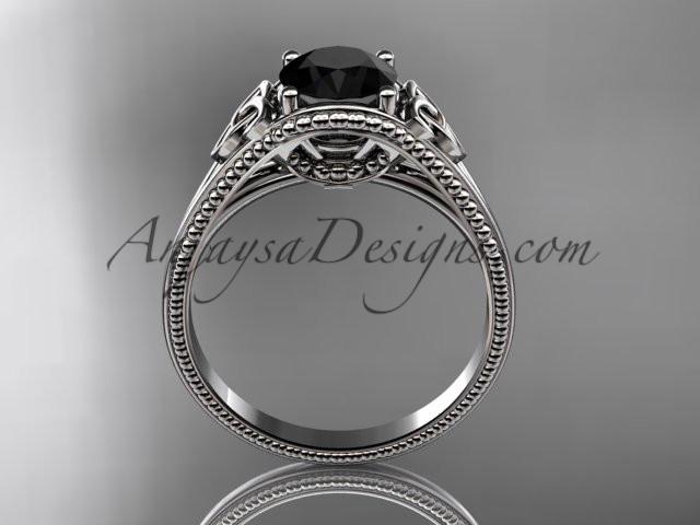 14kt white gold celtic trinity knot wedding ring, engagement ring with a Black Diamond center stone CT7375 - AnjaysDesigns