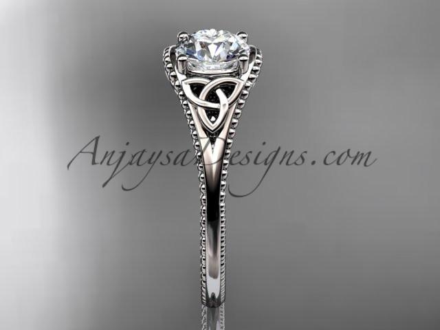 platinum celtic trinity knot wedding ring, engagement ring with a "Forever One" Moissanite center stone CT7375 - AnjaysDesigns