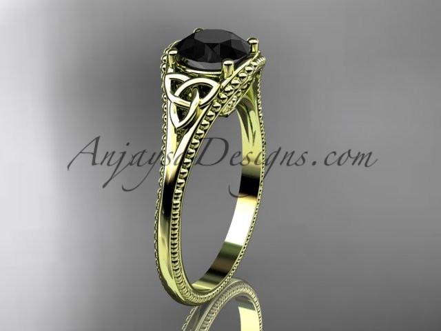 14kt yellow gold celtic trinity knot wedding ring, engagement ring with a Black Diamond center stone CT7375 - AnjaysDesigns