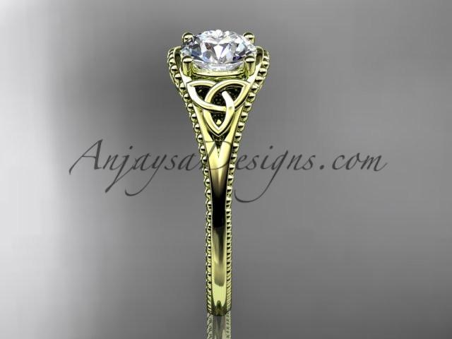 14kt yellow gold celtic trinity knot wedding ring, engagement ring with a "Forever One" Moissanite center stone CT7375 - AnjaysDesigns