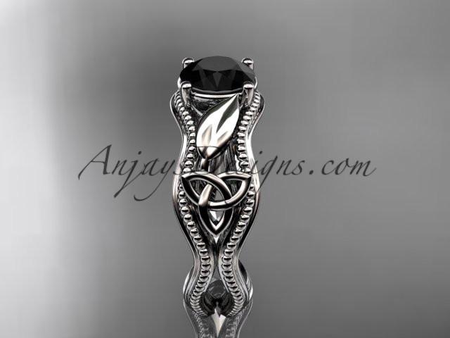 14kt white gold diamond celtic trinity knot wedding ring, engagement ring with a Black Diamond center stone CT7382 - AnjaysDesigns