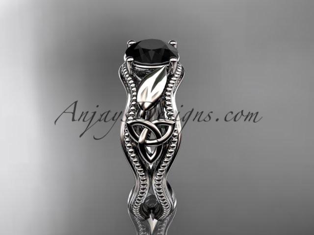 platinum diamond celtic trinity knot wedding ring, engagement ring with a Black Diamonde center stone CT7382 - AnjaysDesigns