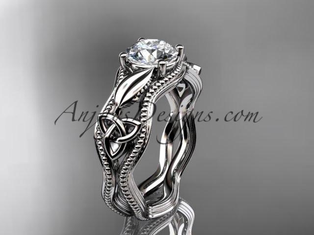 14kt white gold diamond celtic trinity knot wedding ring, engagement ring with a "Forever One" Moissanite center stone CT7382 - AnjaysDesigns