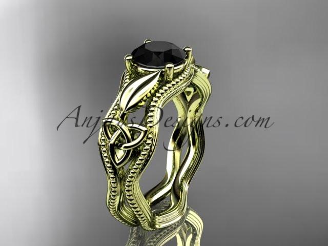 14kt yellow gold diamond celtic trinity knot wedding ring, engagement ring with a Black Diamonde center stone CT7382 - AnjaysDesigns