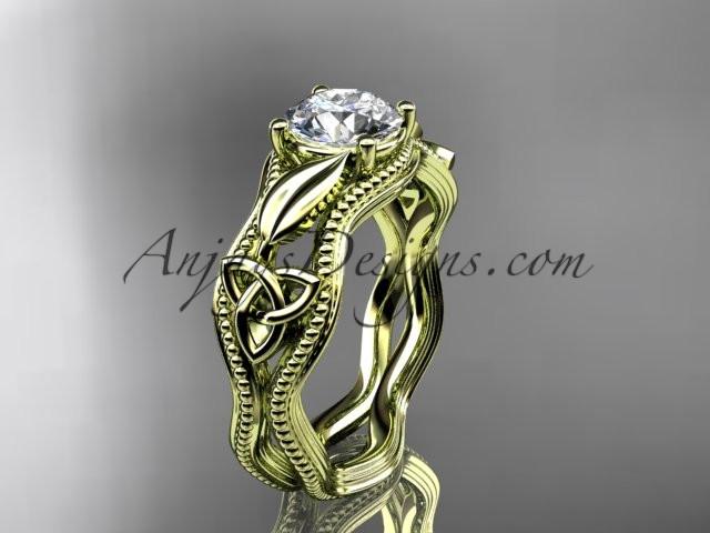 14kt yellow gold diamond celtic trinity knot wedding ring, engagement ring with a "Forever One" Moissanite center stone CT7382 - AnjaysDesigns