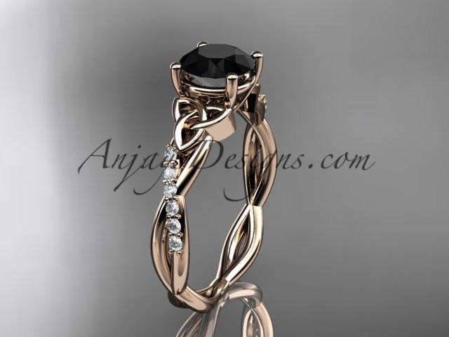 14kt rose gold diamond celtic trinity knot wedding ring, engagement ring with a Black Diamond center stone CT7388 - AnjaysDesigns