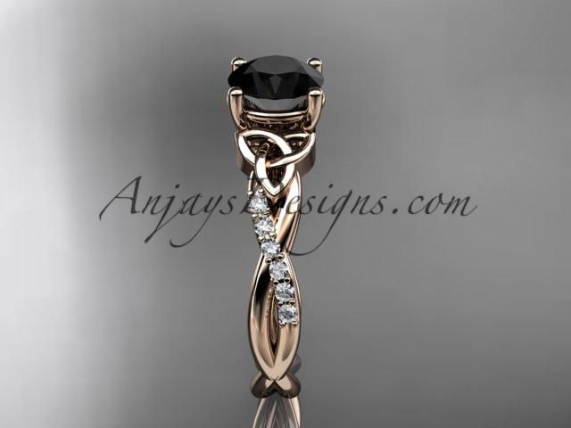 14kt rose gold diamond celtic trinity knot wedding ring, engagement ring with a Black Diamond center stone CT7388 - AnjaysDesigns