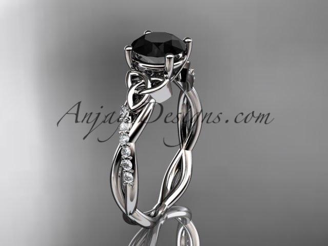 14kt white gold diamond celtic trinity knot wedding ring, engagement ring with a Black Diamond center stone CT7388 - AnjaysDesigns