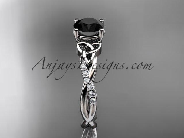14kt white gold diamond celtic trinity knot wedding ring, engagement ring with a Black Diamond center stone CT7388 - AnjaysDesigns