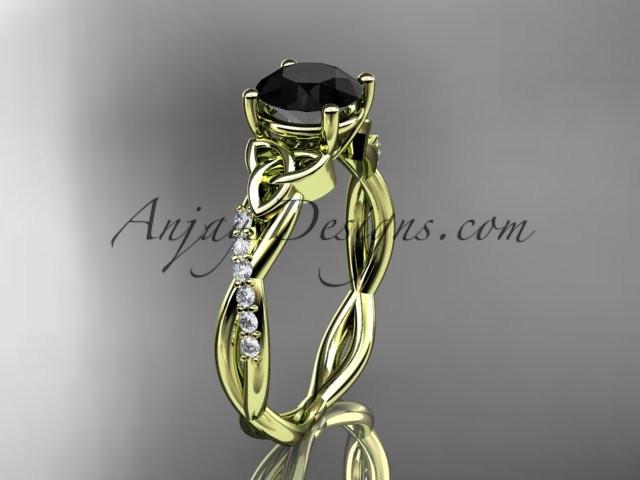 14kt yellow gold diamond celtic trinity knot wedding ring, engagement ring with a Black Diamond center stone CT7388 - AnjaysDesigns