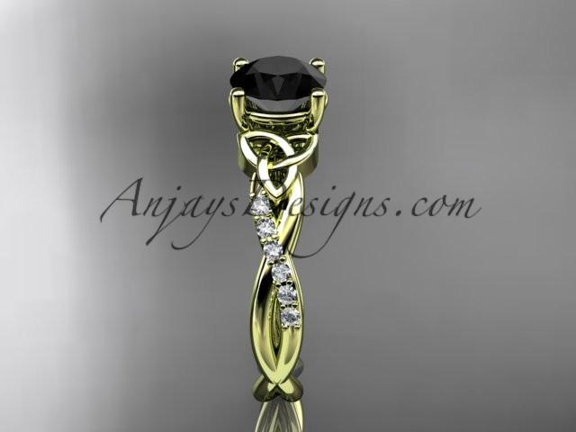 14kt yellow gold diamond celtic trinity knot wedding ring, engagement ring with a Black Diamond center stone CT7388 - AnjaysDesigns