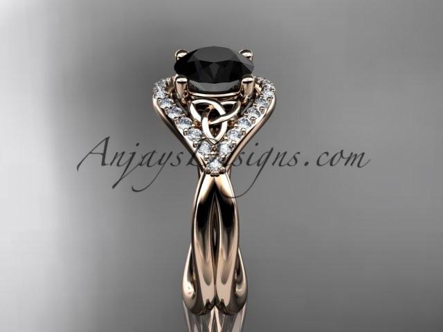 14kt rose gold diamond celtic trinity knot wedding ring, engagement ring with a Black Diamond center stone CT7390 - AnjaysDesigns