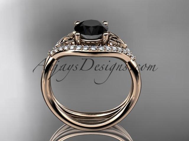 14kt rose gold diamond celtic trinity knot wedding ring, engagement ring with a Black Diamond center stone CT7390 - AnjaysDesigns