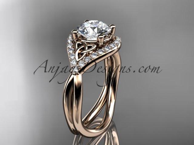 14kt rose gold diamond celtic trinity knot wedding ring, engagement ring with a "Forever One" Moissanite center stone CT7390 - AnjaysDesigns