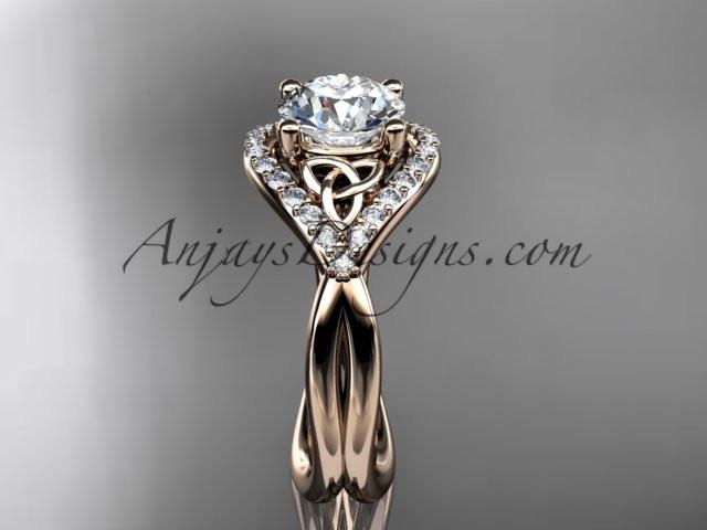 14kt rose gold diamond celtic trinity knot wedding ring, engagement ring with a "Forever One" Moissanite center stone CT7390 - AnjaysDesigns