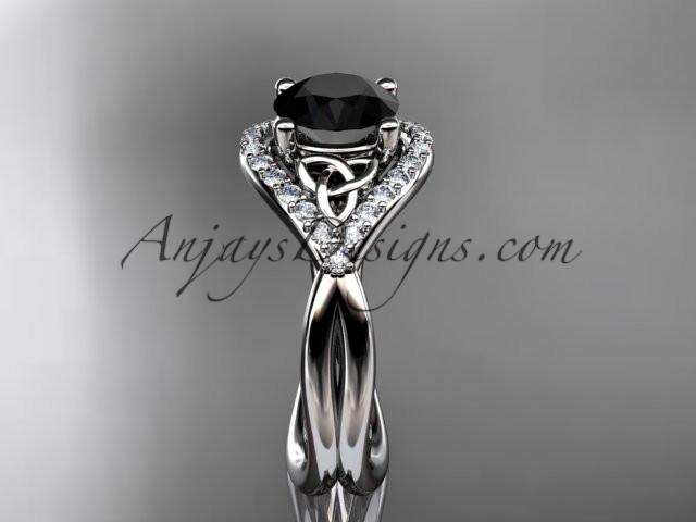 14kt white gold diamond celtic trinity knot wedding ring, engagement ring with a Black Diamond center stone CT7390 - AnjaysDesigns