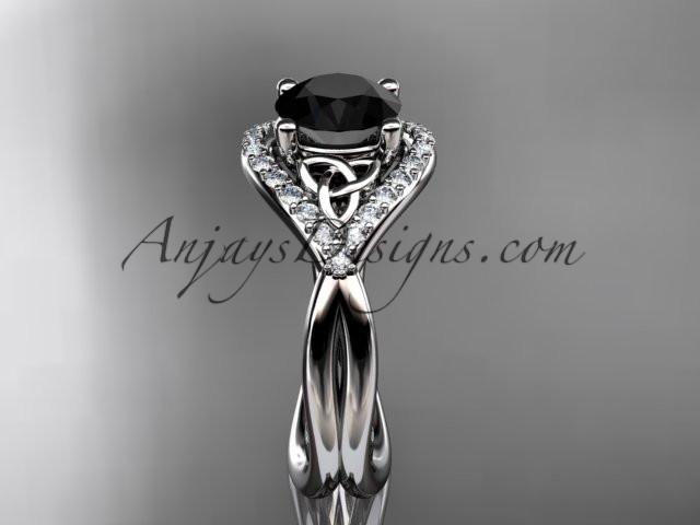 platinum diamond celtic trinity knot wedding ring, engagement ring with a Black Diamond center stone CT7390 - AnjaysDesigns