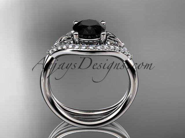 14kt white gold diamond celtic trinity knot wedding ring, engagement ring with a Black Diamond center stone CT7390 - AnjaysDesigns