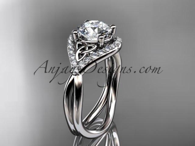 platinum diamond celtic trinity knot wedding ring, engagement ring with a "Forever One" Moissanite center stone CT7390 - AnjaysDesigns