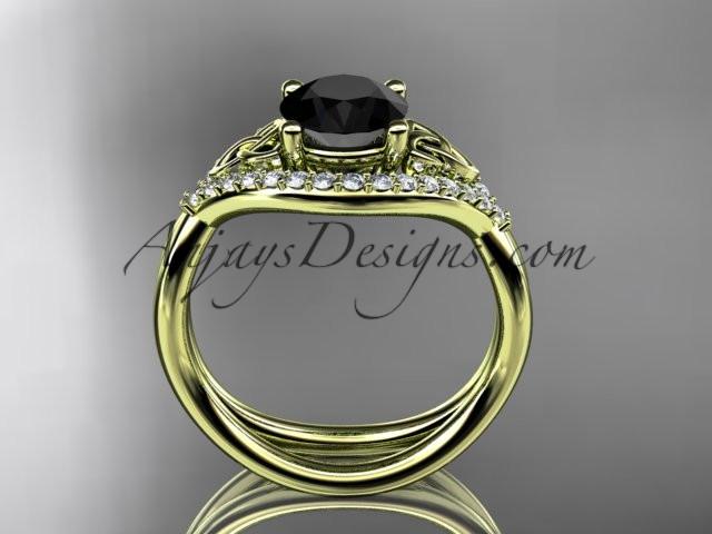 14kt yellow gold diamond celtic trinity knot wedding ring, engagement ring with a Black Diamond center stone CT7390 - AnjaysDesigns