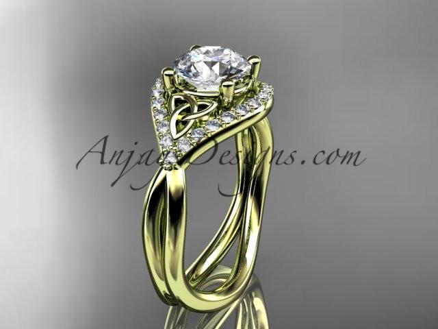 14kt yellow gold diamond celtic trinity knot wedding ring, engagement ring with a "Forever One" Moissanite center stone CT7390 - AnjaysDesigns