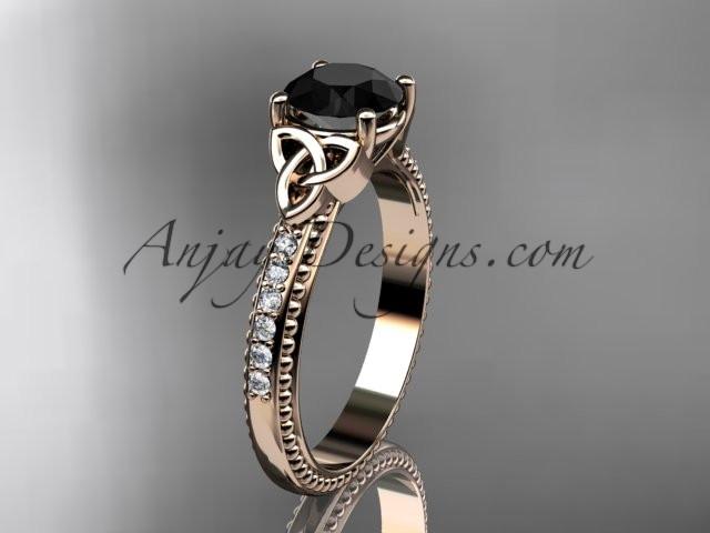 14kt rose gold diamond celtic trinity knot wedding ring, engagement ring with a Black Diamond center stone CT7391 - AnjaysDesigns