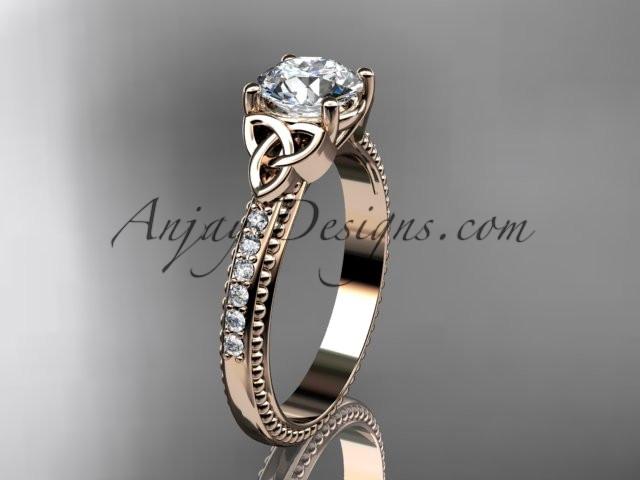 14kt rose gold diamond celtic trinity knot wedding ring, engagement ring with a "Forever One" Moissanite center stone CT7391 - AnjaysDesigns