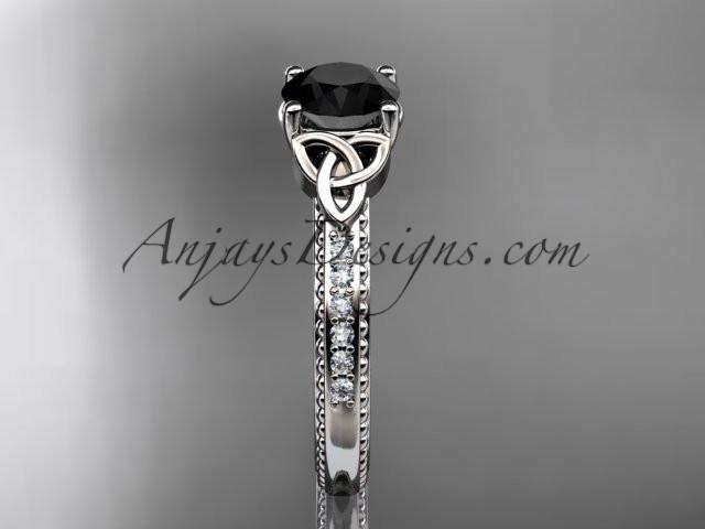 14kt white gold diamond celtic trinity knot wedding ring, engagement ring with a Black Diamond center stone CT7391 - AnjaysDesigns