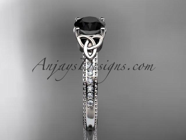 platinum diamond celtic trinity knot wedding ring, engagement ring with a Black Diamond center stone CT7391 - AnjaysDesigns