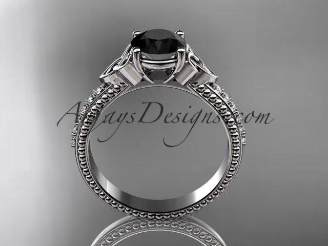 14kt white gold diamond celtic trinity knot wedding ring, engagement ring with a Black Diamond center stone CT7391 - AnjaysDesigns