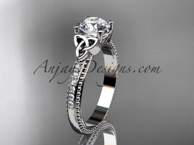 14kt white gold diamond celtic trinity knot wedding ring, engagement ring with a "Forever One" Moissanite center stone CT7391 - AnjaysDesigns