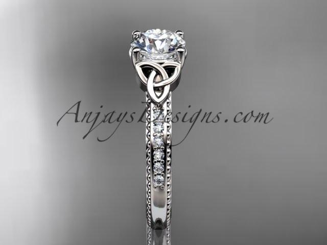 14kt white gold diamond celtic trinity knot wedding ring, engagement ring with a "Forever One" Moissanite center stone CT7391 - AnjaysDesigns