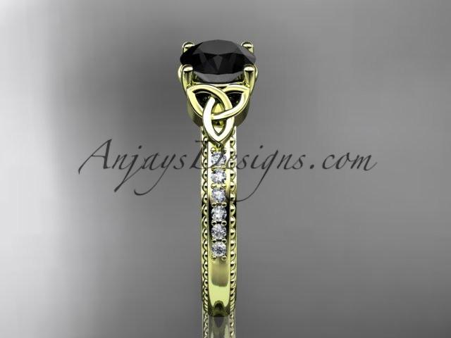 14kt yellow gold diamond celtic trinity knot wedding ring, engagement ring with a Black Diamond center stone CT7391 - AnjaysDesigns